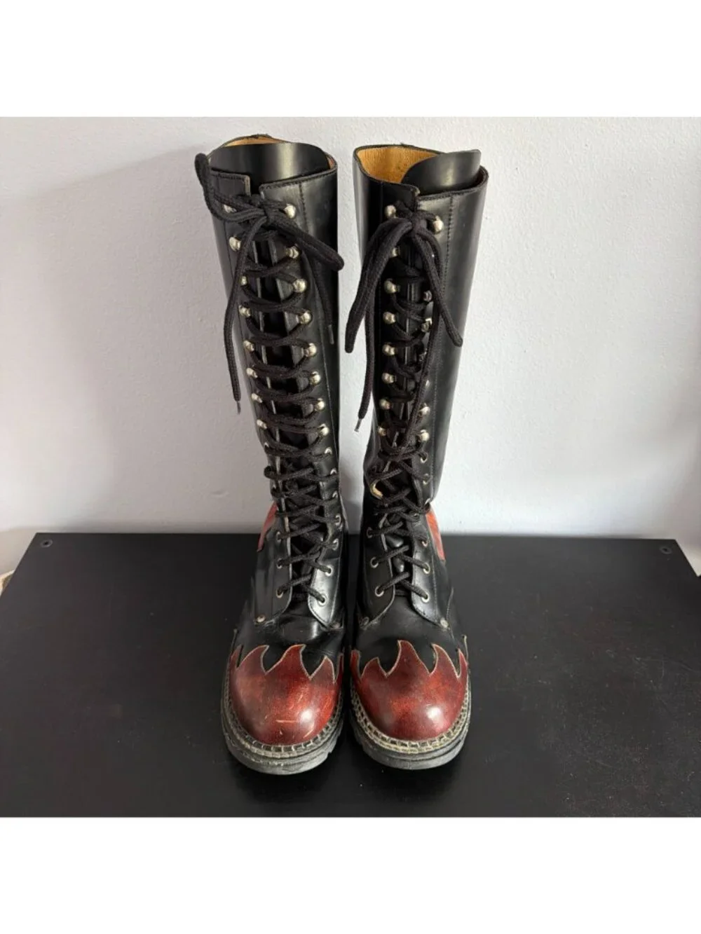 Vintage 90s Smack Leather Lace Up Boots Mens Size 10 Flame Patchwork Moto Goth